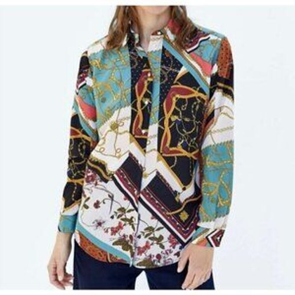 Zara women's scarf print blouse buttondown medium multicolor chains floral black